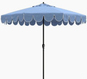 Outdoor beach sunbrella black aluminum frame light blue fabric with white trim scalloped Patio Umbrella