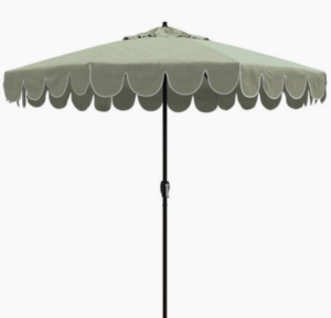 Outdoor beach sunbrella black aluminum frame olive green fabric with white trim scalloped Patio Umbrella