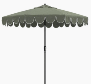 Outdoor  market umbrella black aluminum frame green fabric with white trim scalloped Patio Umbrella