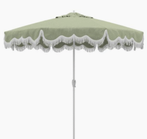 Outdoor patio sunbrella white aluminum frame olive green fabric fringe patio umbrella