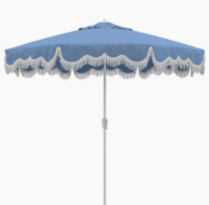 Outdoor patio sunbrella white aluminum frame lt blue fabric fringe patio umbrella