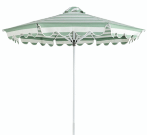 Outdoor patio sunbrella white aluminum frame Sage stripes vertical and horizontal designs patio umbrella