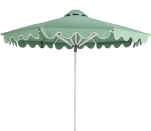 Outdoor parasol white aluminum frame green fabric white piping round scallop valance patio umbrella