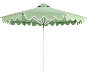 Outdoor parasol white aluminum frame Sage fabric white piping round scallop valance patio umbrella