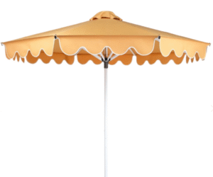 Beach parasol white aluminum frame yellow fabric white piping round scallop valance patio umbrella