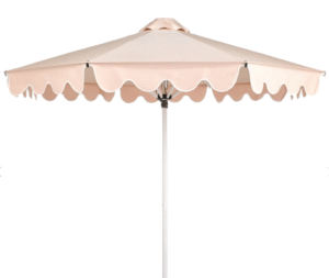 Garden parasol white aluminum frame Champagne  fabric white piping round scallop valance patio umbrella
