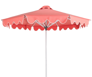 Garden parasol white aluminum frame CORAL PINK  fabric white piping round scallop valance patio umbrella
