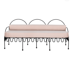 Outdoor event furniture black metal frame rose dusty upholstered 3 seater lounge sofa for party