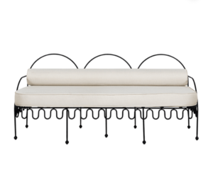 Outdoor event rental furniture black metal frame beige upholstered 3 seater lounge sofa for party