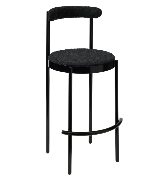 Event hire furniture black powder coated metal frame boucle fabric upholstered high stool event high bar chair