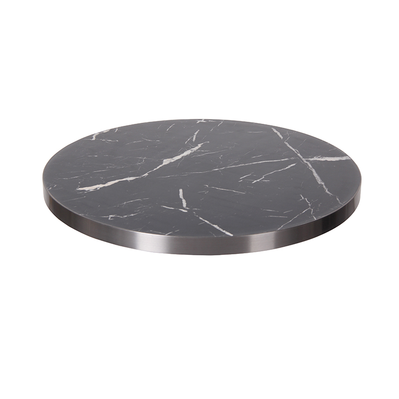 Black marble pattern laminated stainless steel edging round HPL table top