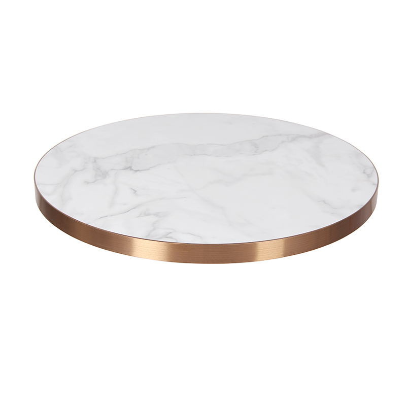 White marble pattern laminated stainless steel edging round HPL table top
