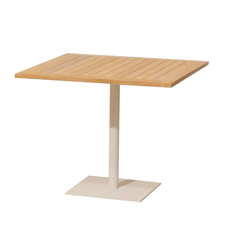 Commercial furniture outdoor bistro table teak wood top iron base cafe table