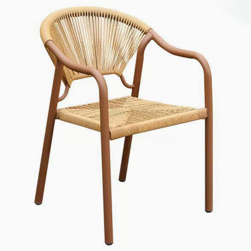 Outdoor bistro dining chair stackable aluminum frame in wood finish rattan weaving cafe chair