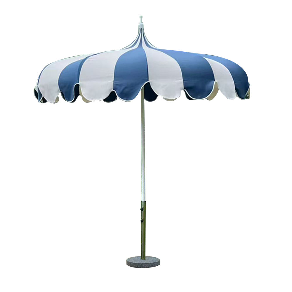 Outdoor navy blue striped beach Umbrella    Luxury style Aluminum Scalloped Pagoda Patio Umbrellas