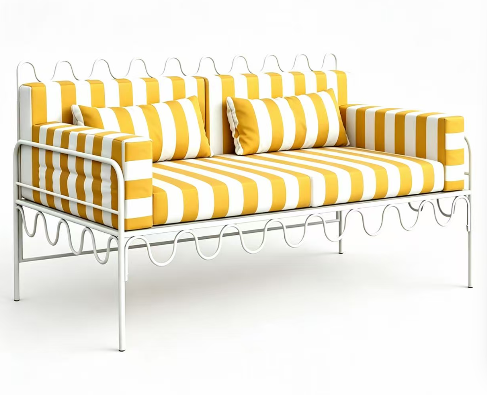 Event rental metal sofa White Iron Frame Outdoor Yellow/white Striped upholstered Double Sofa Wedding 2 seater Sofa