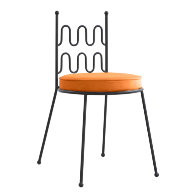 Event rental furniture stackable black iron frame orange upholstered dining chair
