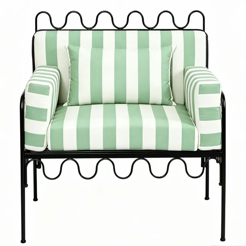 Modern Black Iron Frame Outdoor Sofa  Sage green/white striped fabric upholstered Wedding Single Sofa Rental Iron Sofa