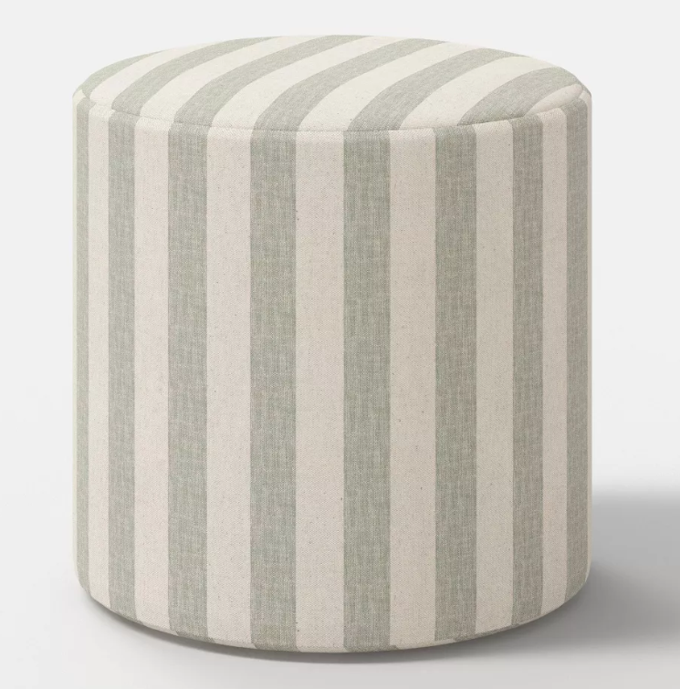 Large size Drum ottoman in linen striped fabric upholstery with removable cover