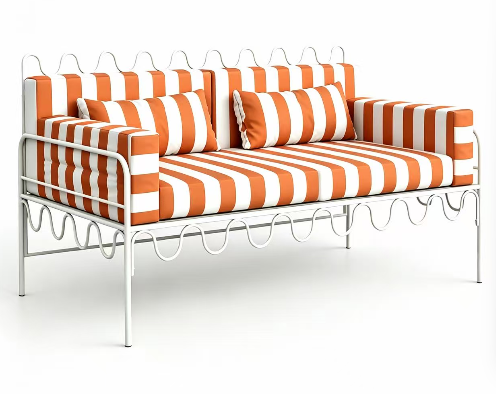 Wedding 2 seater Sofa White Iron Frame Outdoor Orange/white Striped upholstered Double Sofa