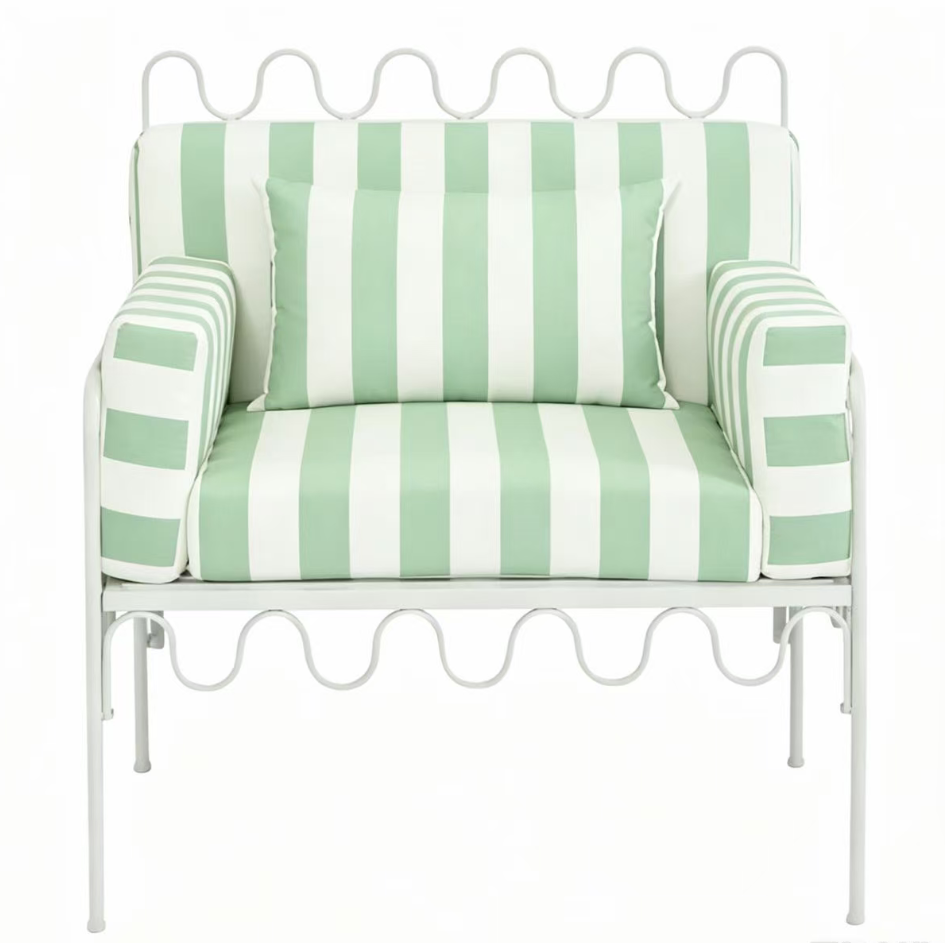 Modern White Iron Frame Outdoor Sofa  Sage green/white striped fabric upholstered Wedding Single Sofa Rental Iron Sofa