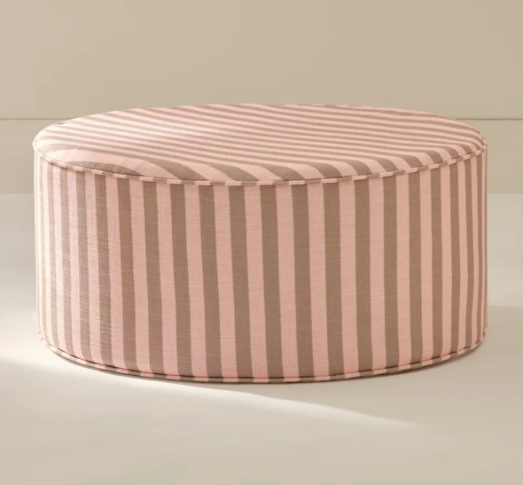 Large size Drum ottoman in linen striped fabric upholstery with removable cover