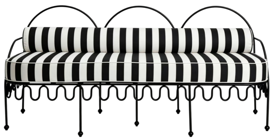 Black metal frame green/white striped upholstered cushion outdoor single sofa