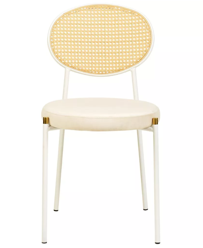 Modern rattan back dining chair white iron frame beige velvet upholstered seat chair