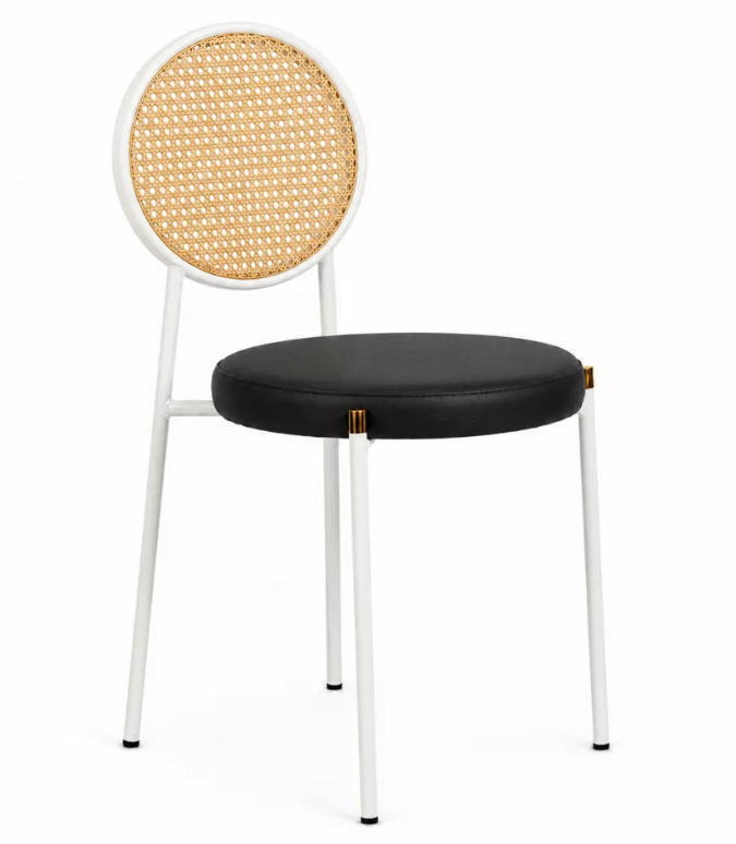 Modern rattan back cafe chair white iron frame black leather upholstered seat dining chair