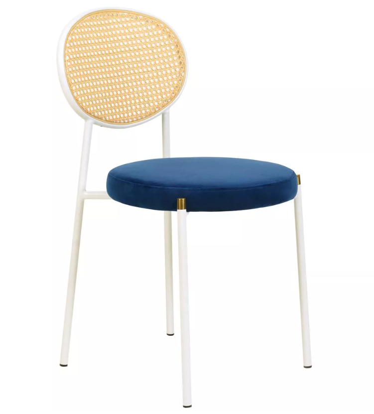 Modern rattan back dining chair white iron frame blue velvet upholstered seat chair