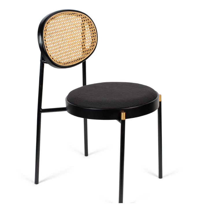 Black powder coated iron frame wood with rattan woven back velvet upholstered seat dining chair