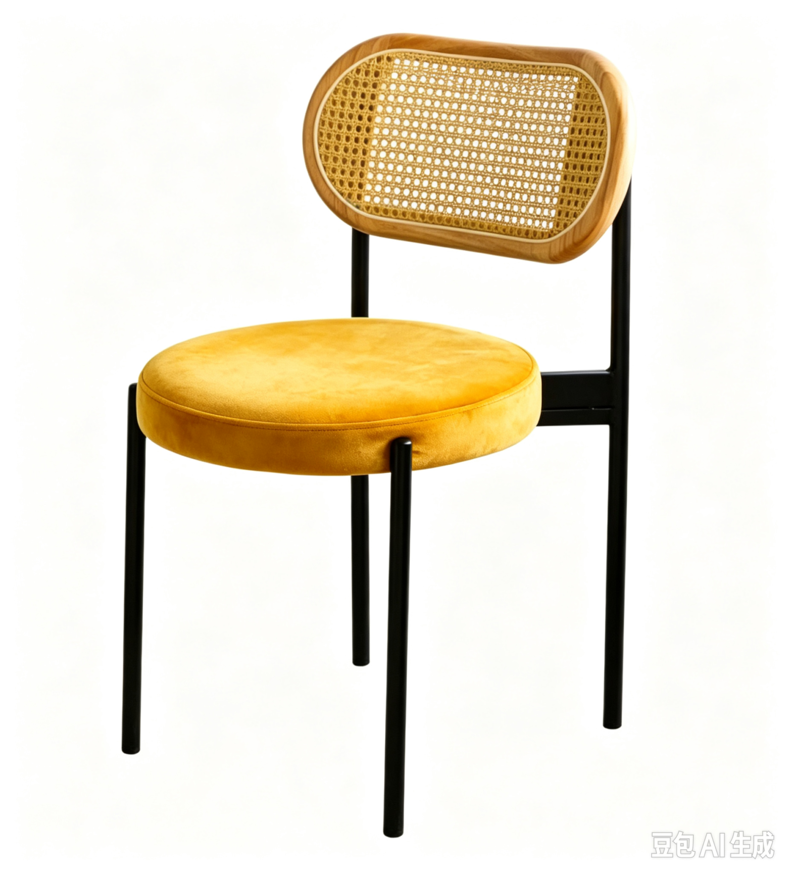 Black powder coated iron frame wood with rattan woven back orange velvet upholstered seat dining chair